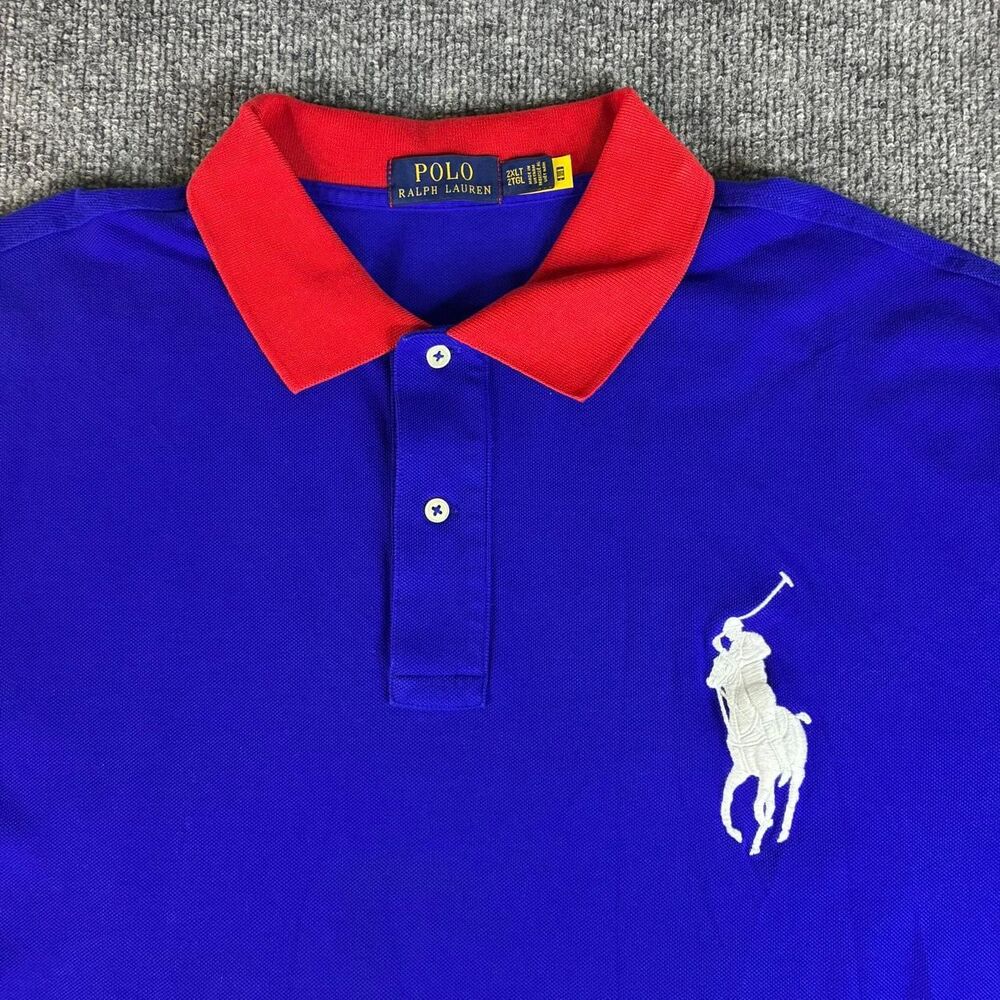 Polo Ralph Lauren Men’s 2XLT Blue Big Pony Polo Shirt Red Collar Colorblock